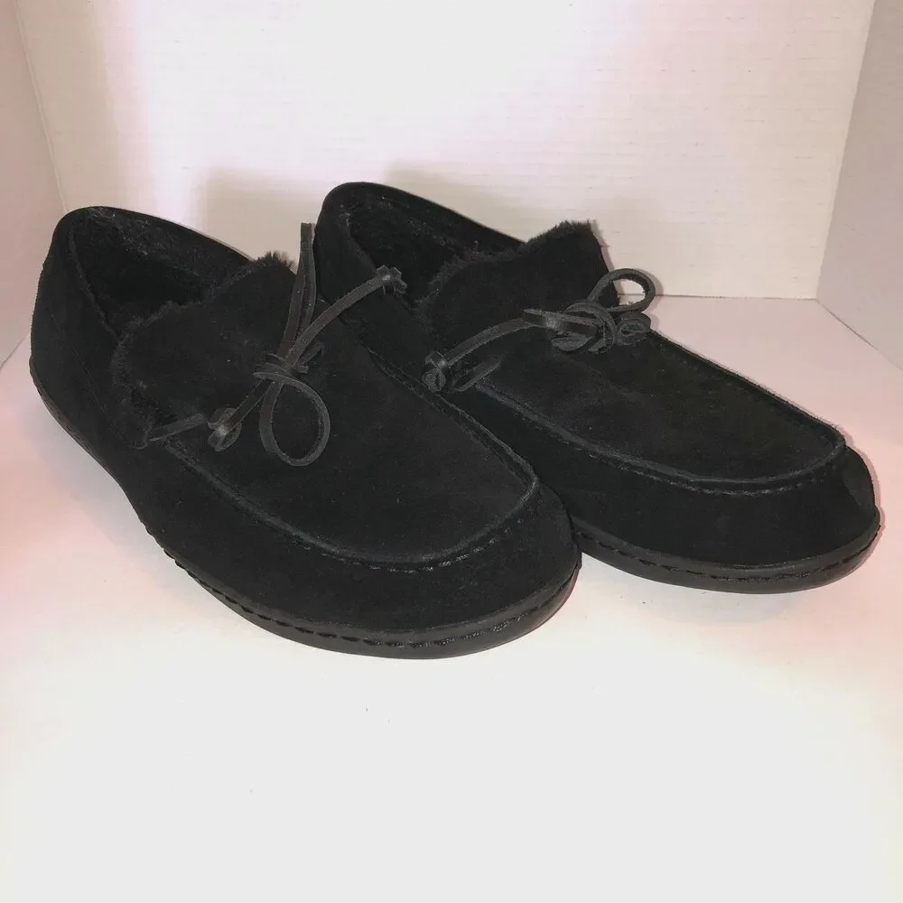 Vionic Adler Mens Size 13 Black Suede Faux Fur Lined Moccasin Slippers Shoes